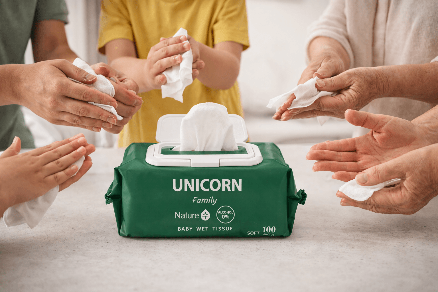 Семья очищает руки влажными салфетками